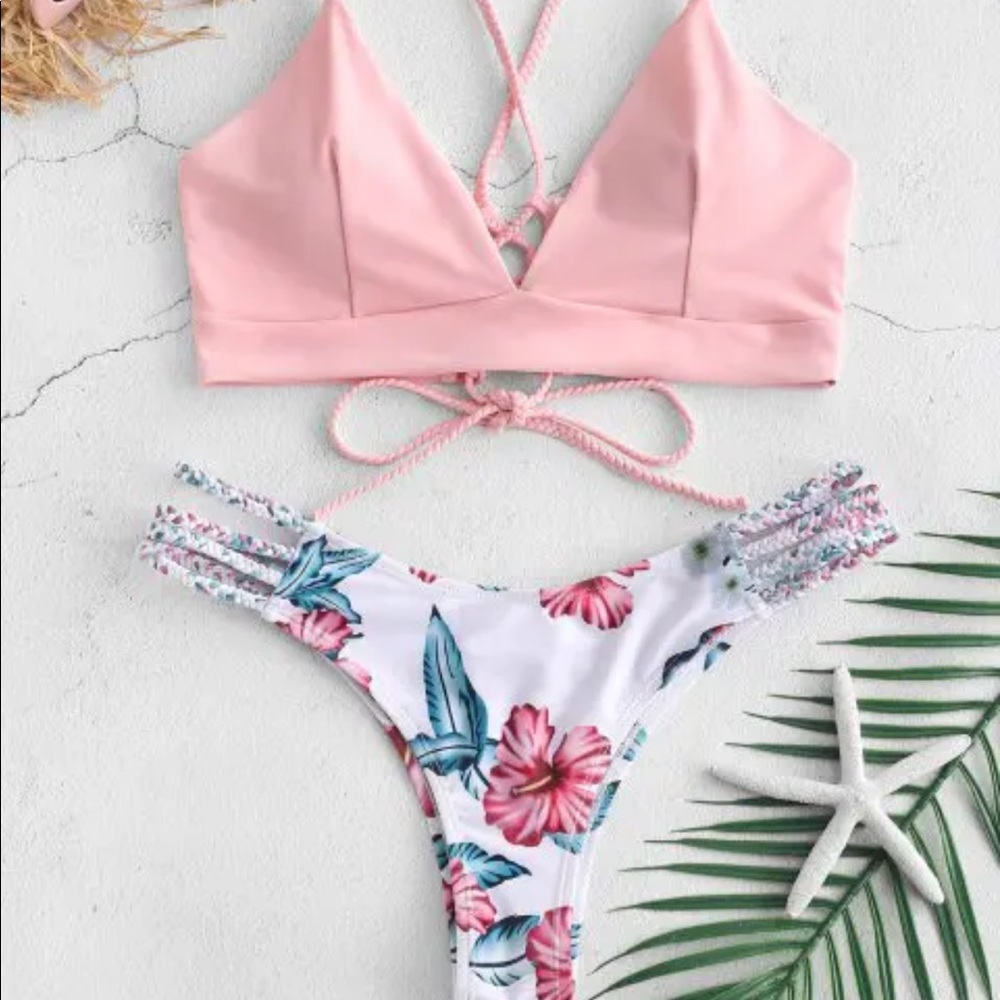 NWOT ZAFUL Light Pink and Floral Bikini Set